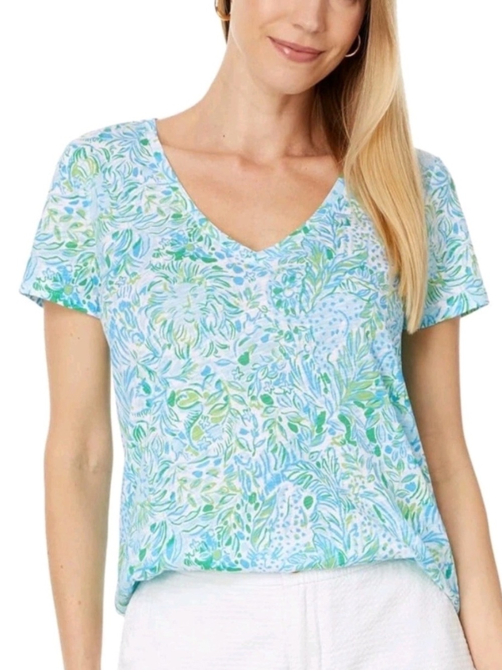 Lilly Pulitzer Women XS Hydra Blue Dandy Lions Short Sleeve Etta V-Neck Top NWT